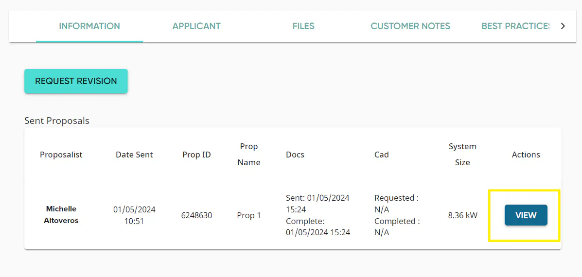 Click View on the sent proposals table