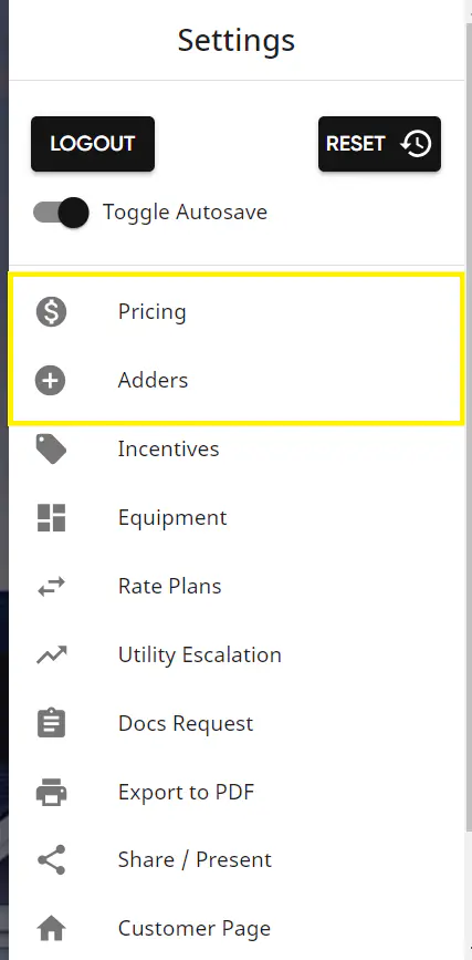 Settings menu showing Pricing and Adders tabs highlighted