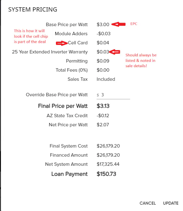 System pricing details showing Base Price per Watt, Cell Card, and 25 Year Extended Inverter Warranty