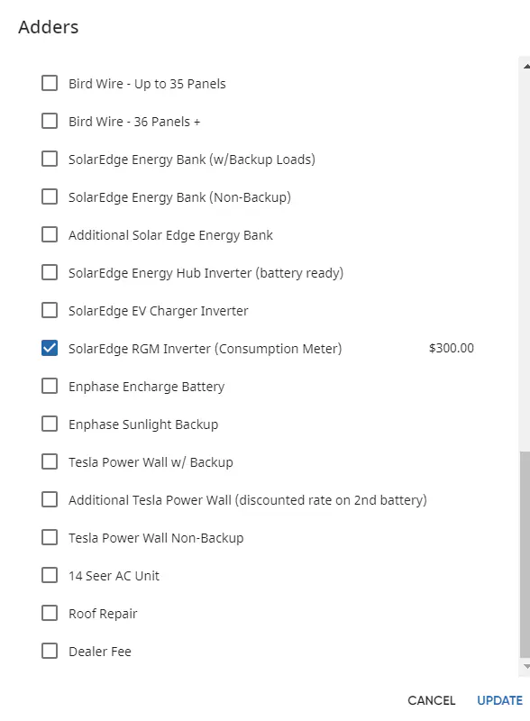 Adders tab showing various options with checkboxes, including SolarEdge RGM Inverter with $300.00 pricing