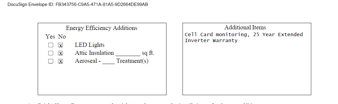 Contract section showing Energy Efficiency Additions with Cell Card Monitoring listed