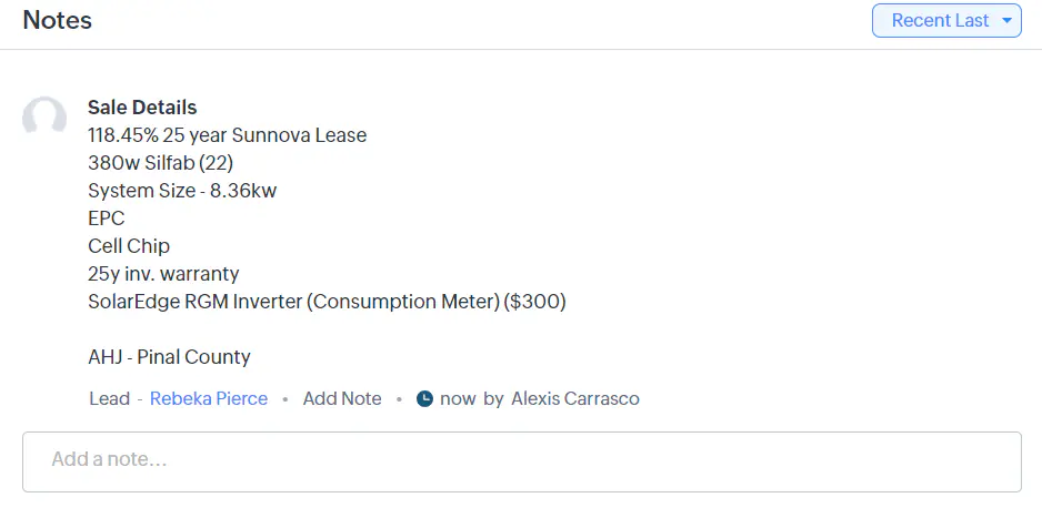Final sale details note example showing Sunnova lease details including 118.4% 25 year lease, 38Dw Silfab panels, system size, EPC, Cell Chip, 25y inv. warranty, and SolarEdge RGM Inverter
