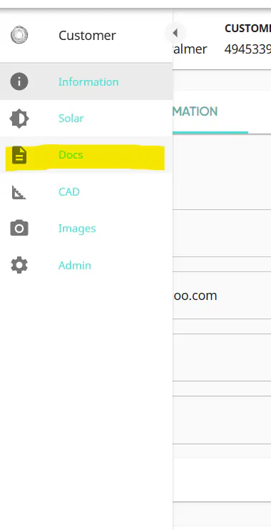 SOLO interface showing Docs tab with various sections including Customer, Information, Solar, Docs (highlighted), CAD, Images, and Admin