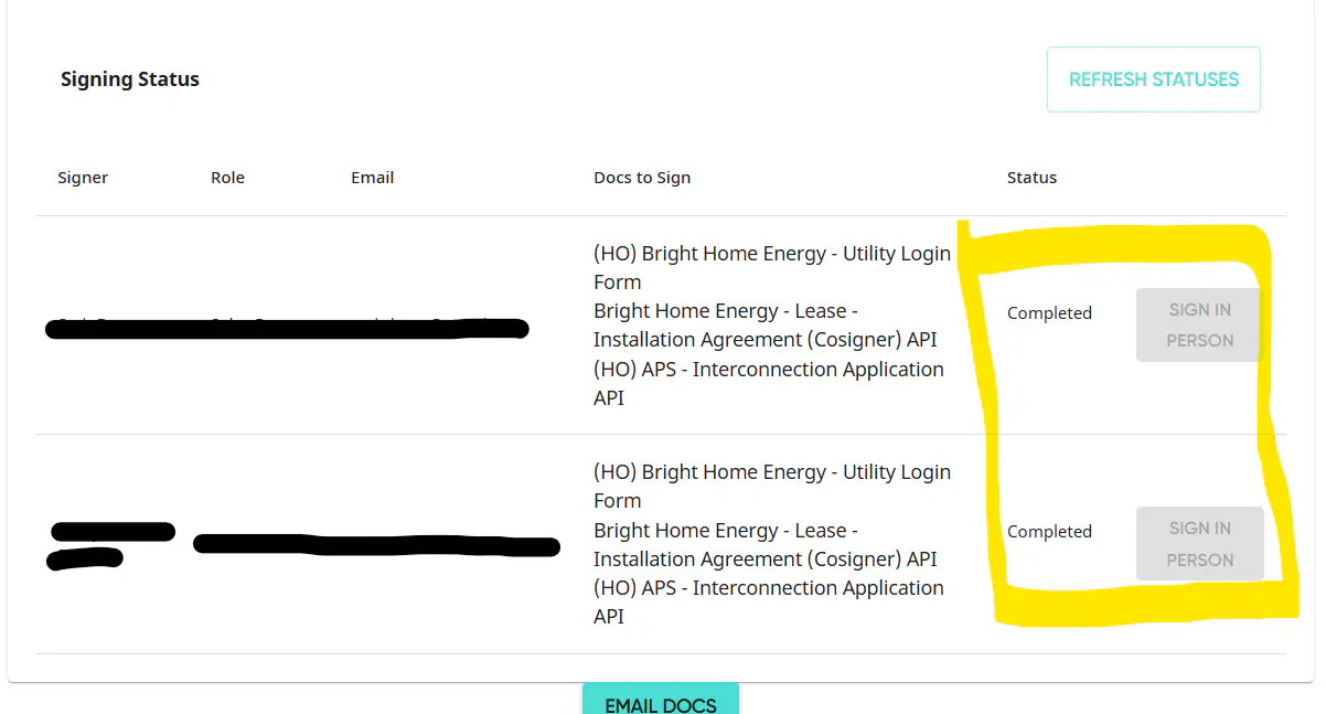 Signing status showing completed signatures for Bright Home Energy documents with signature dates and statuses