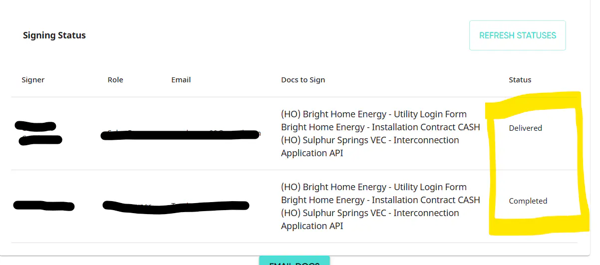 Email signing status showing completed signatures for Bright Home Energy documents via email with dates and completion status