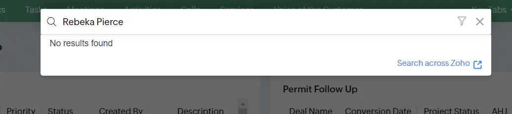ZOHO search showing no results