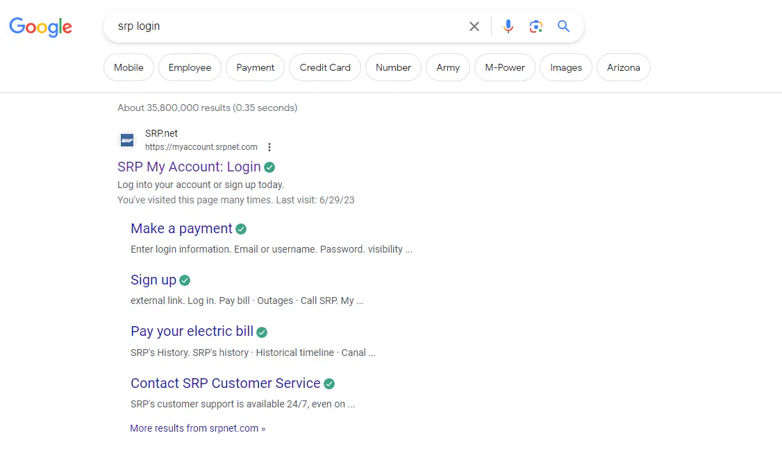 Google search results for SRP Login showing search results
