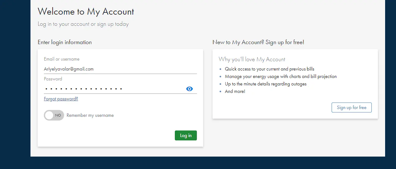 SRP My Account login page showing welcome screen and login form
