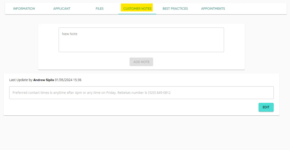 SOLO Customer Notes tab interface showing notes section with text area and save button