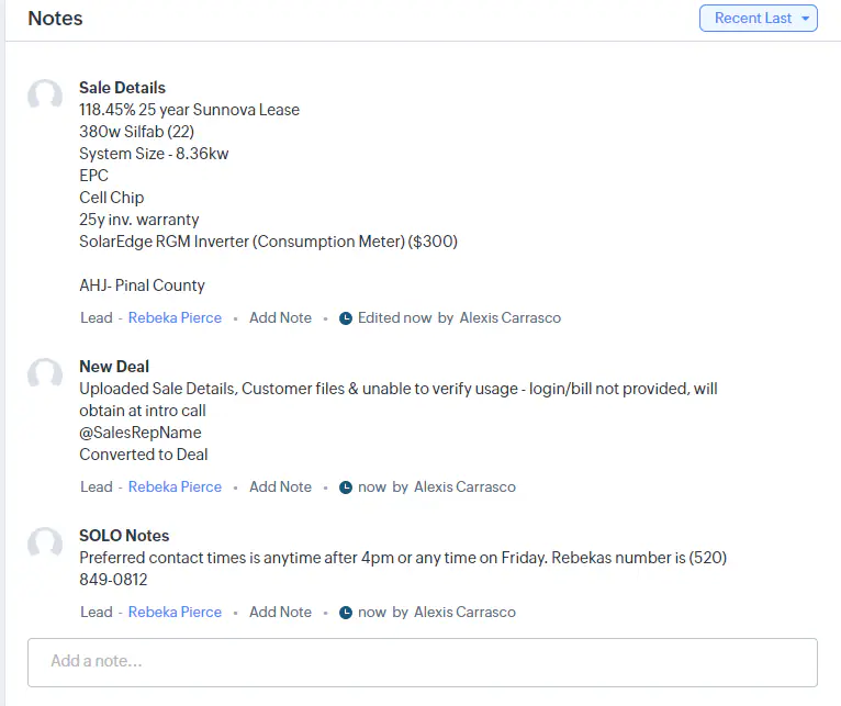 Complete CRM notes view showing Sale Details, New Deal, and SOLO Notes sections with all information properly formatted and organized