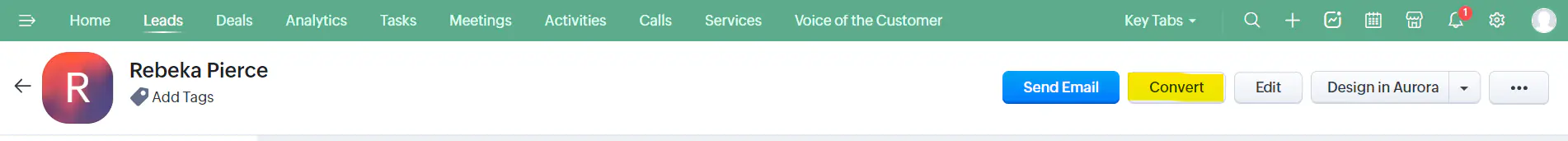CRM interface showing the Convert button in the top right corner