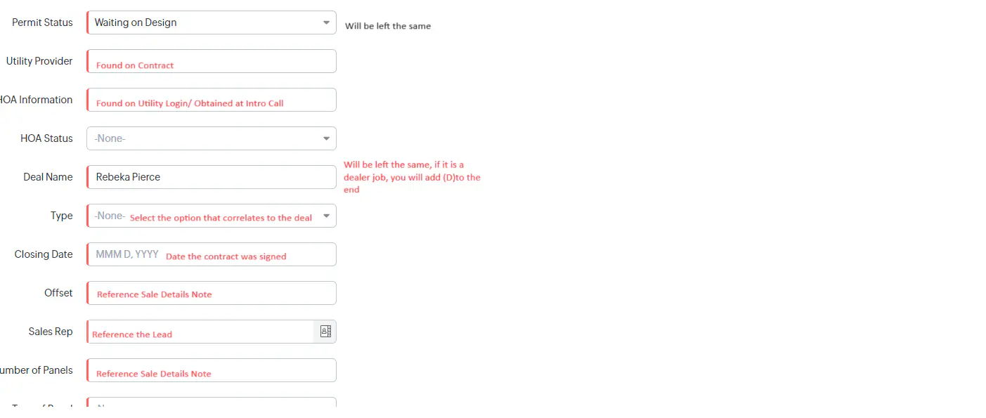Deal information form showing all the fields that need to be filled in including deal name, amount, stage, product details, and various other deal-specific information