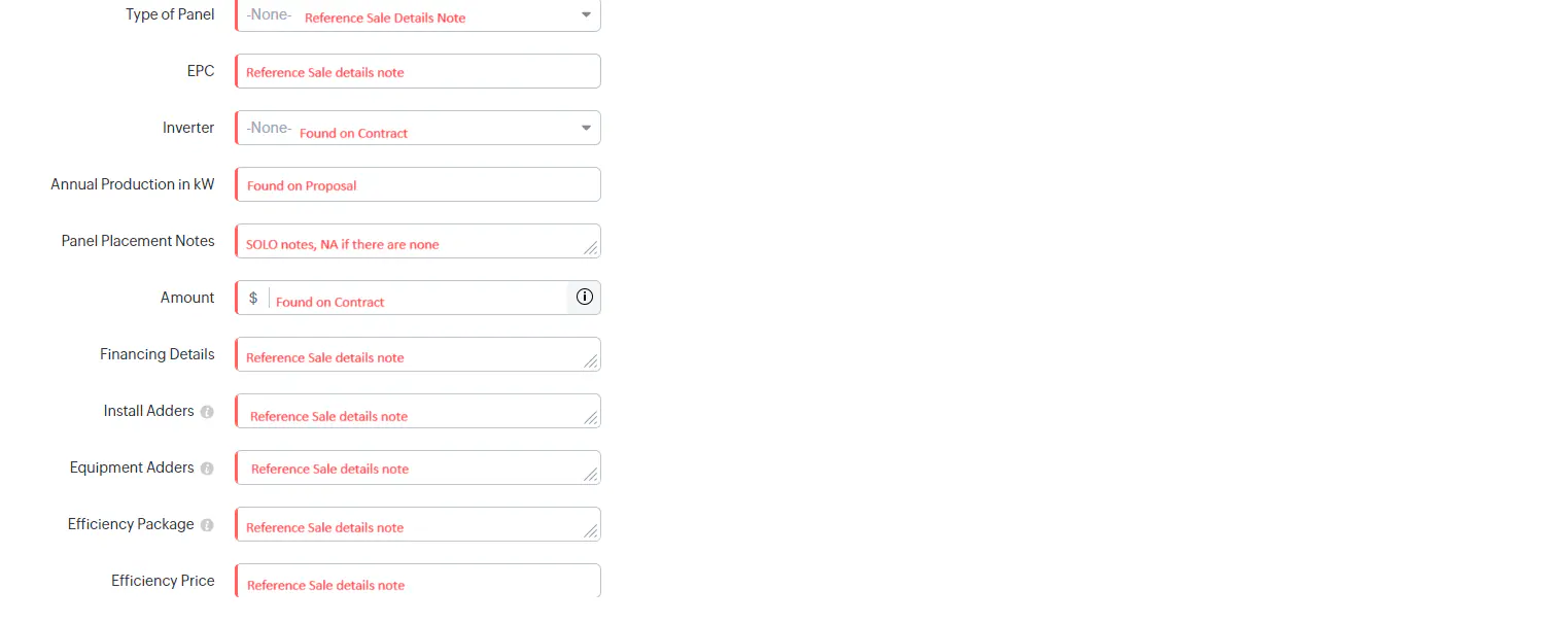 Deal information form showing all the fields that need to be filled in including deal name, amount, stage, product details, and various other deal-specific information