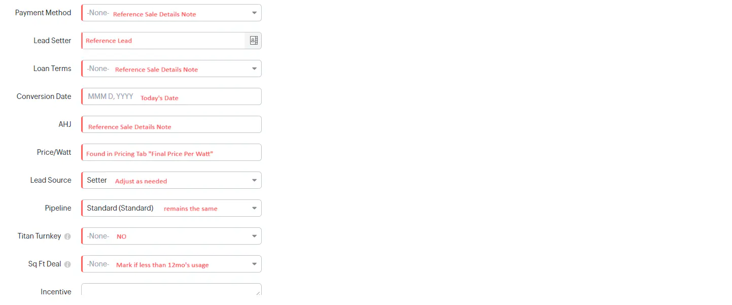 Deal information form showing all the fields that need to be filled in including deal name, amount, stage, product details, and various other deal-specific information