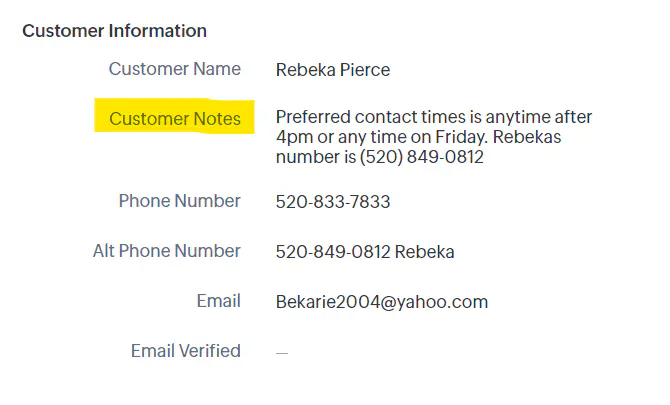 Customer Information section showing Customer Notes field and other customer details like phone number and email