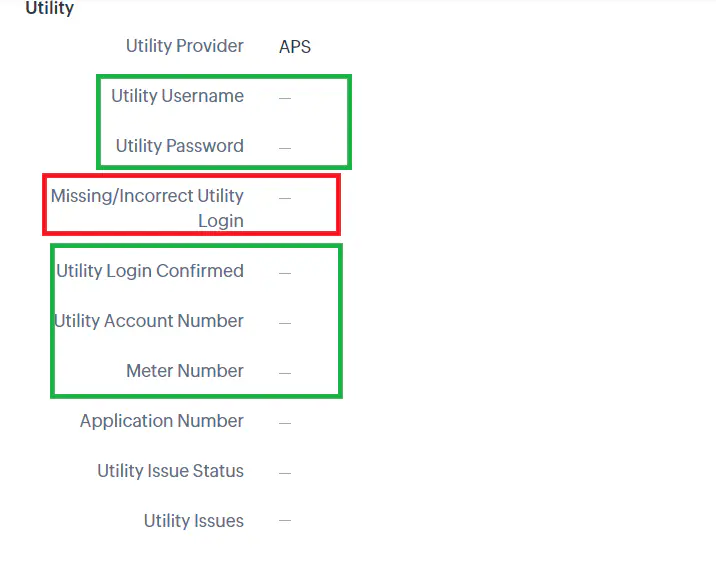 Utility information form showing APS fields including Utility Username, Utility Password (highlighted in green), Missing/Incorrect Utility Login (highlighted in red), Utility Login Confirmed, Utility Account Number, and Meter Number
