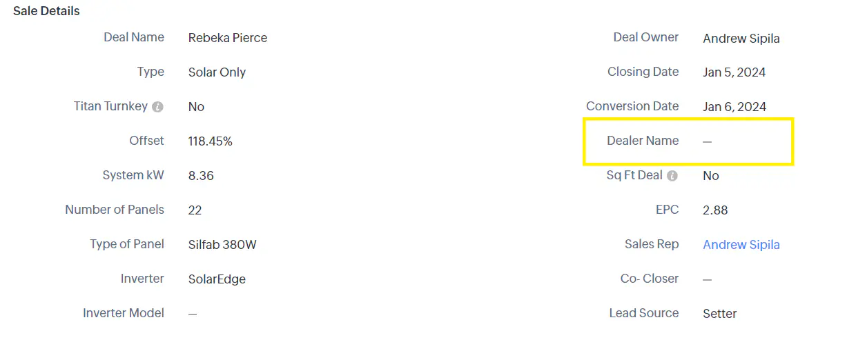 Sale Details section showing dealer name field highlighted in yellow and other deal information