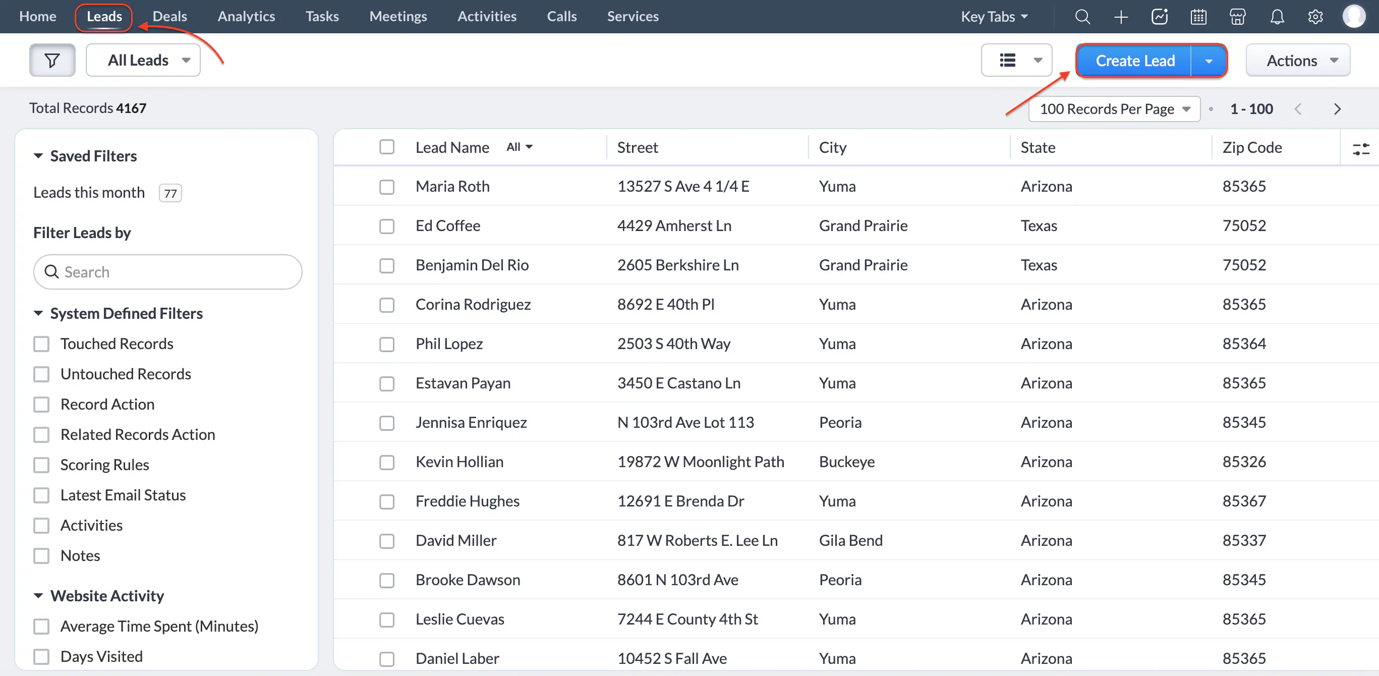 ZOHO search showing lead under different name