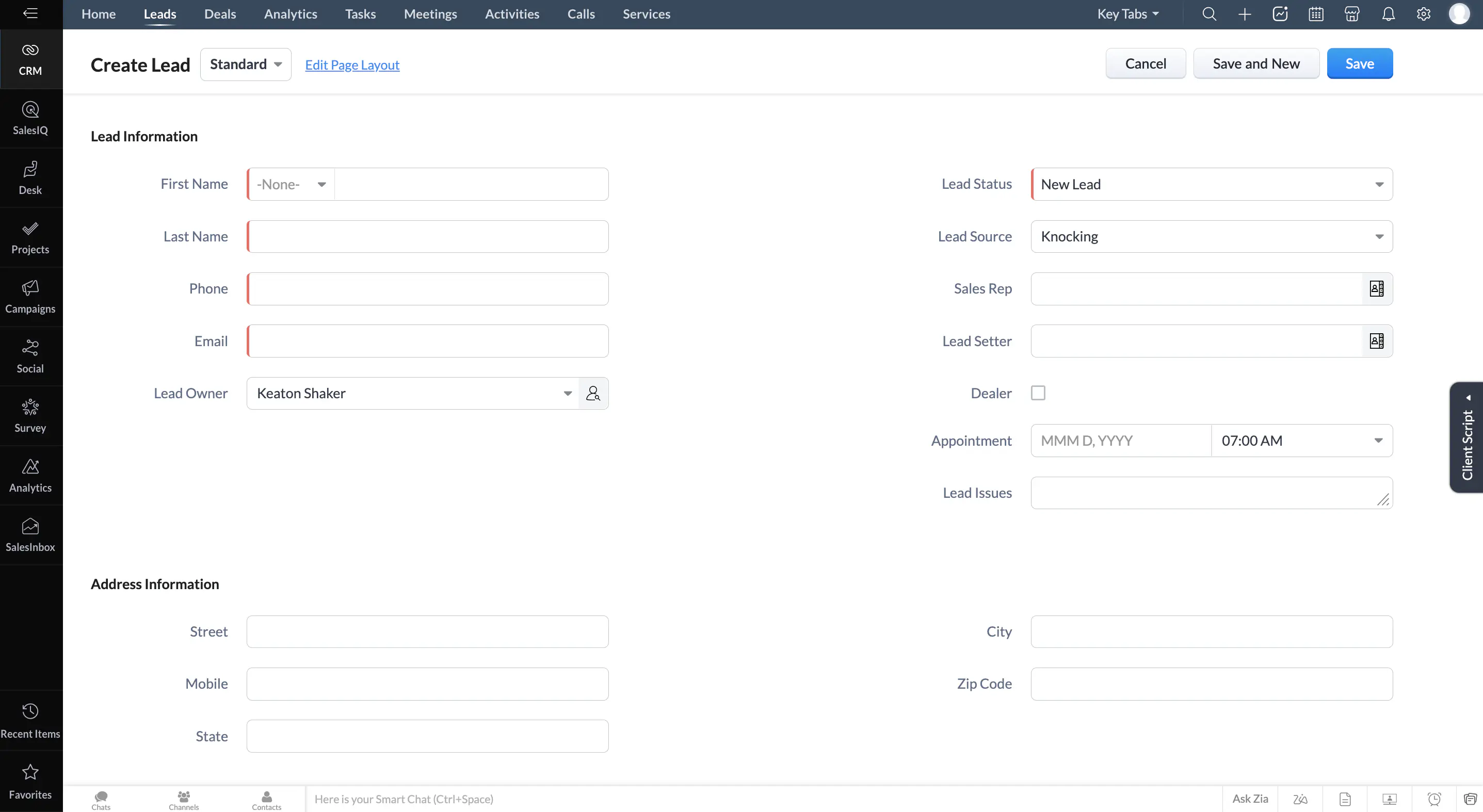 Create lead form in Zoho