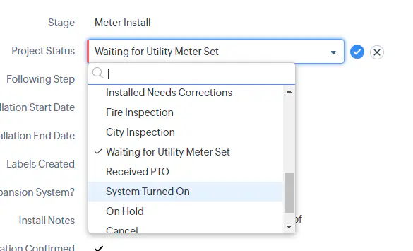 CRM Project Status update showing System Turned On selection