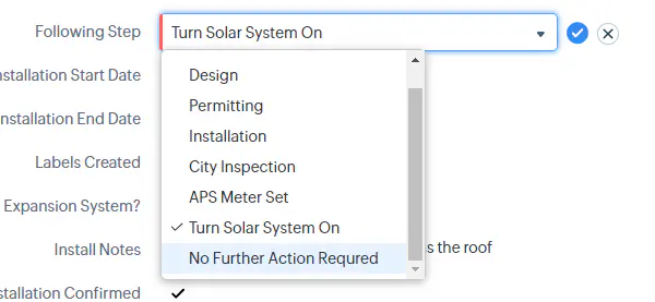 CRM Following Step update showing No Further Action Required selection