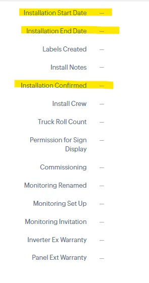CRM installation fields showing highlighted Installation Start Date, Installation End Date, and Installation Confirmed