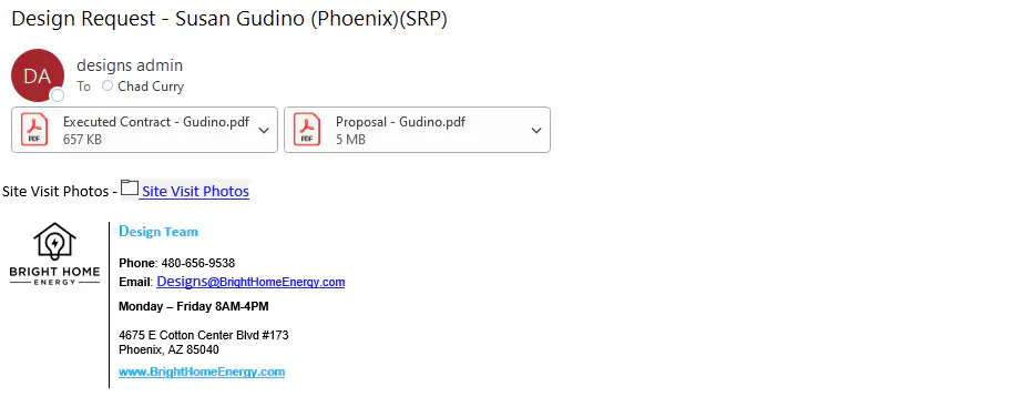 Email example requesting design with attachments