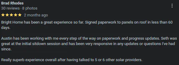 Google review screenshot praising Bright Home